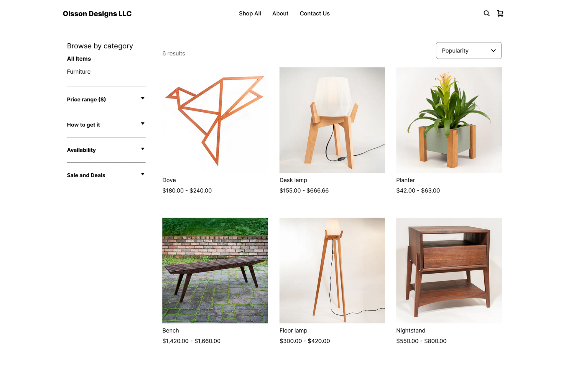 Olsson Designs draft website using Square